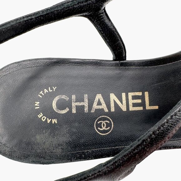 Chanel Camellia Flower CC Sandals Size 37.5C US 6.5-7 Black Leather Flat T-Strap - Picture 14 of 14